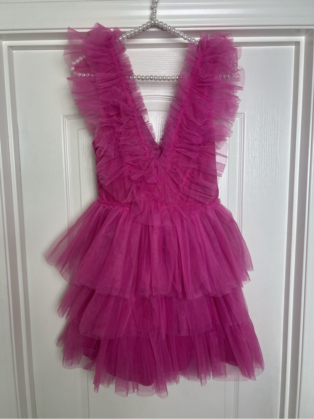 MABLE Pink Layered Ruffle Tulle Mini Dress M Sleeveless V-Neck